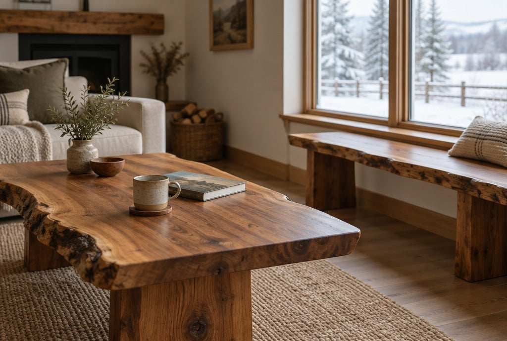 A live edge solid wood coffee table and a live edge bench beside a window with snow outside in a warm farmhouse living room, a mug and a book on the table
