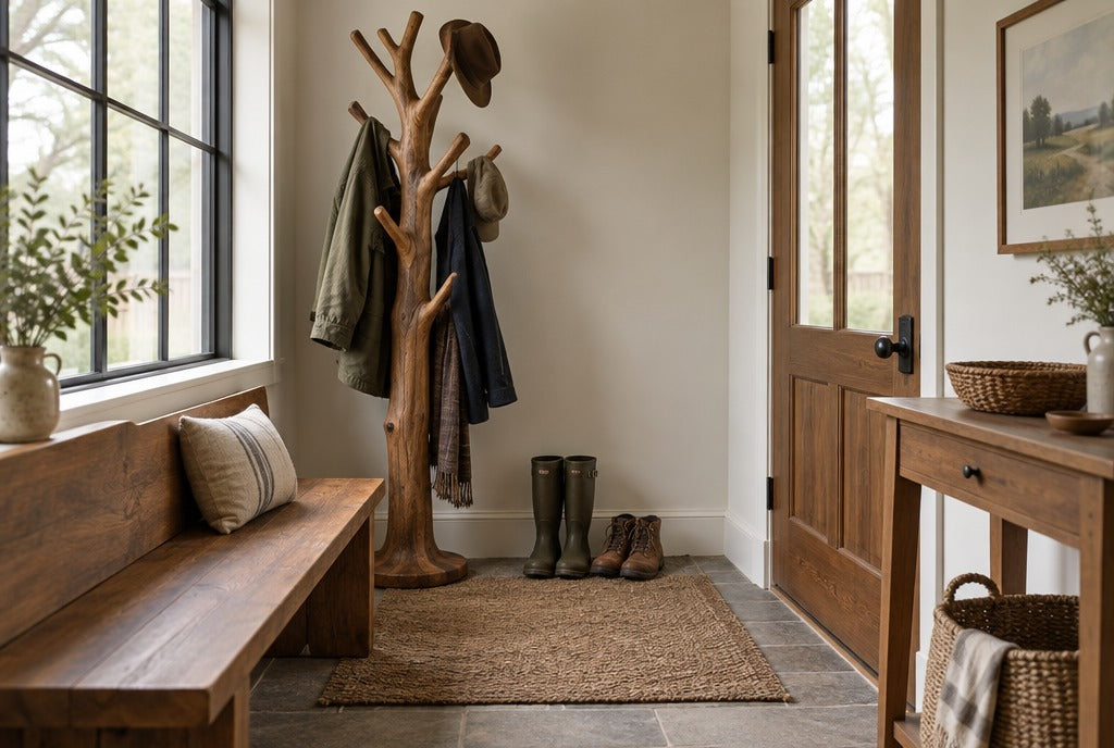 A farmhouse mudroom entryway with a solid wood bench, a sculptural tree coat rack holding coats and hats, boots on a mat and a narrow wood console with a basket
