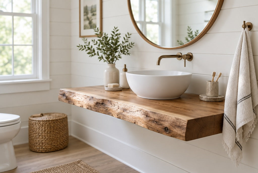 A newly built live edge solid wood floating bathroom vanity with a white vessel sink, a round mirror and a towel in a bright farmhouse bathroom