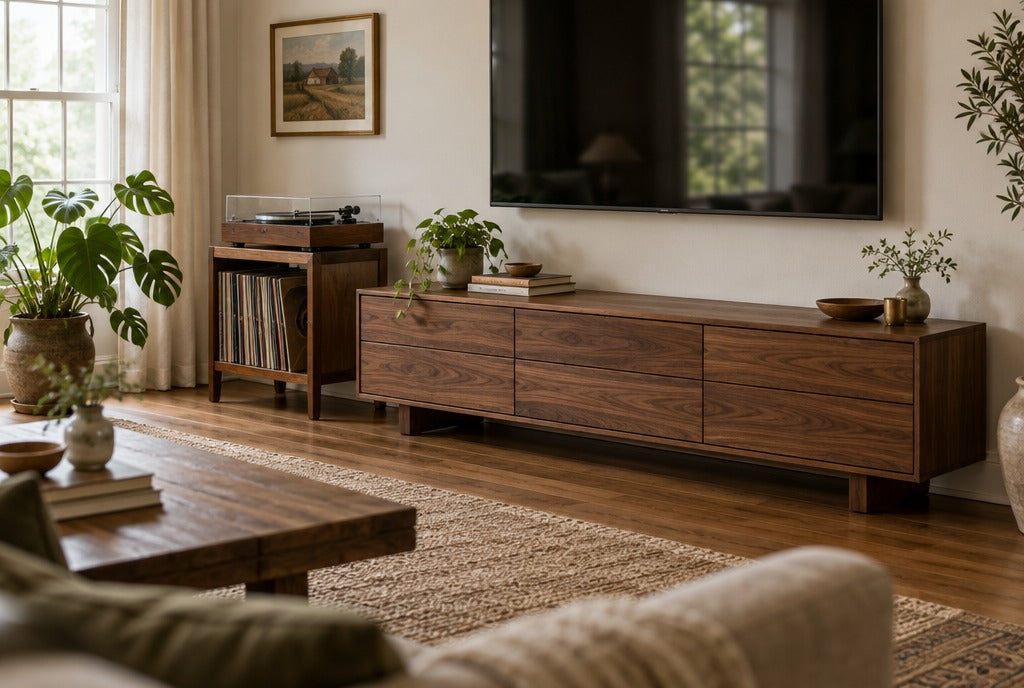 A low solid walnut TV console with drawers under a wall-mounted television, a record player on a wood stand beside it and plants in a cozy farmhouse living room