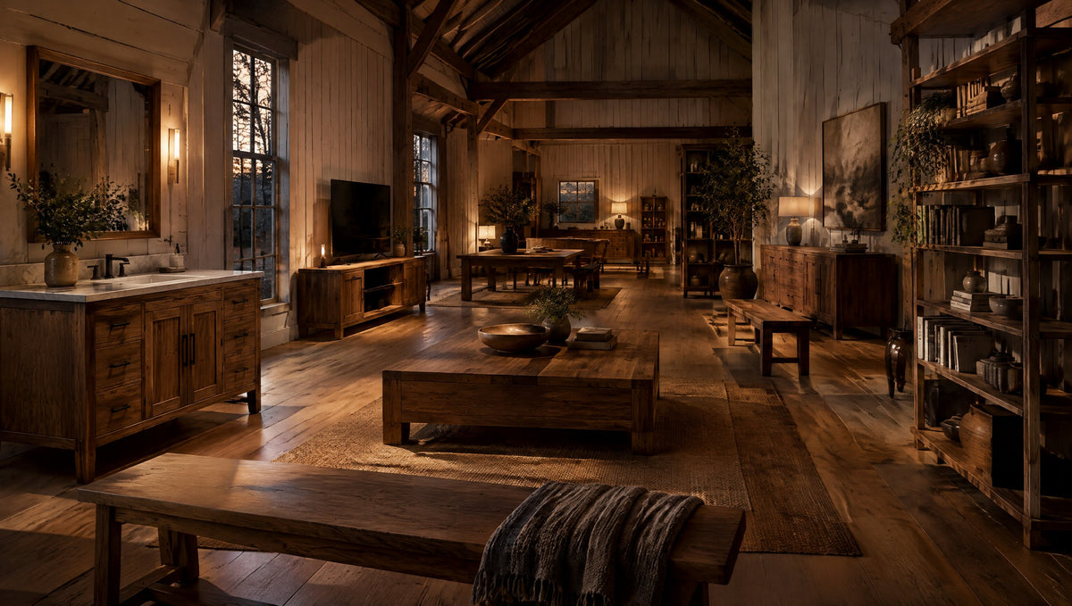 A bright barn gallery displaying newly built solid wood vanities, TV consoles, coffee tables, bookshelves and benches