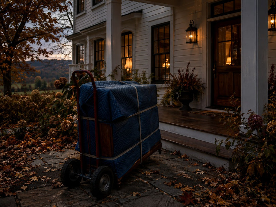 A blanket-wrapped solid wood console on a hand truck at the porch of an upstate New York farmhouse