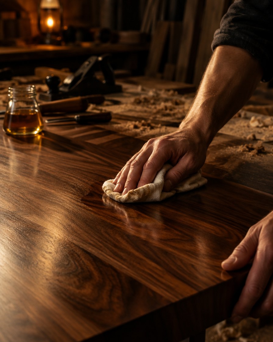 Hands rubbing oil finish into the top of a solid walnut table