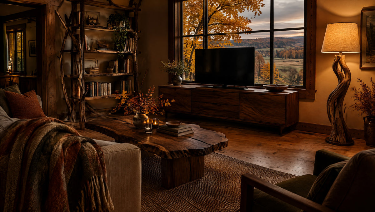 A warm upstate New York farmhouse living room in autumn with a solid wood TV console, a live edge coffee table and a glowing wood floor lamp